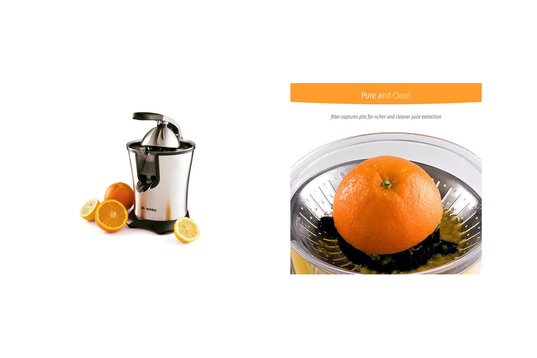 Eurolux Electric Orange Juicer Squeezer, Stainless Steel 160 Watts of Power Soft Grip, Handle and Cone Lid for Easy Use