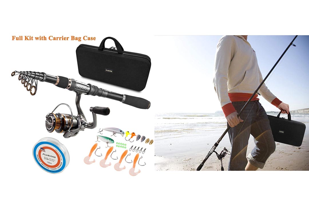 PLUSINNO Telescopic Fishing Rod and Reel Combos FULL Kit, Spinning Fishing Gear Organizer Pole Sets with Line Lures Hooks Reel and Fishing Carrier Bag Case Accessories