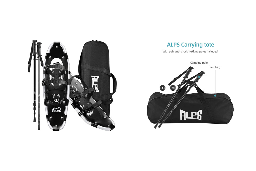 ALPS Adult All Terrian Snowshoes + Pair Anti-Shock Adjustable Snowshoeing Pole + Free Carrying Tote Bag (34 Inches)