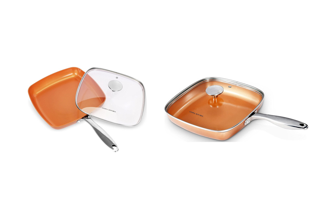 Induction Bottom 9.5 Inches Copper Nonstick Square Frying Pan with Glass Lid and Stainless Steel Handle
