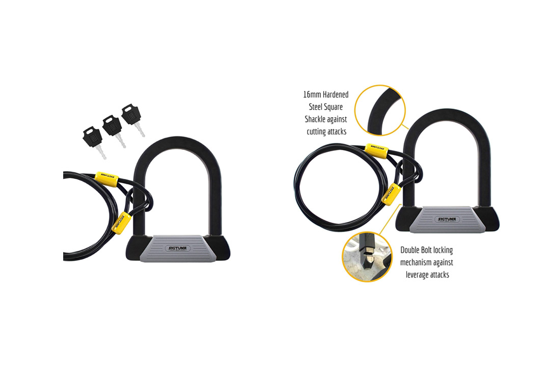  SIGTUNA Bike Lock - 16mm Heavy Duty Bicycle Lock with Hardened Steel U Lock + 1.8m Double Security Anti-Theft Flex Cable for High-Performance Bicycle Security + Velcro Strap and Keyhole Cover
