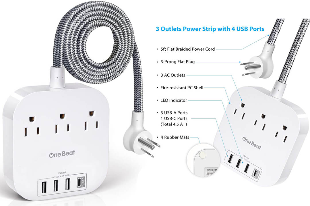 Power Strip USB C, 4 USB 3 Outlets Ports Desk Top Charging Travel Power Strip